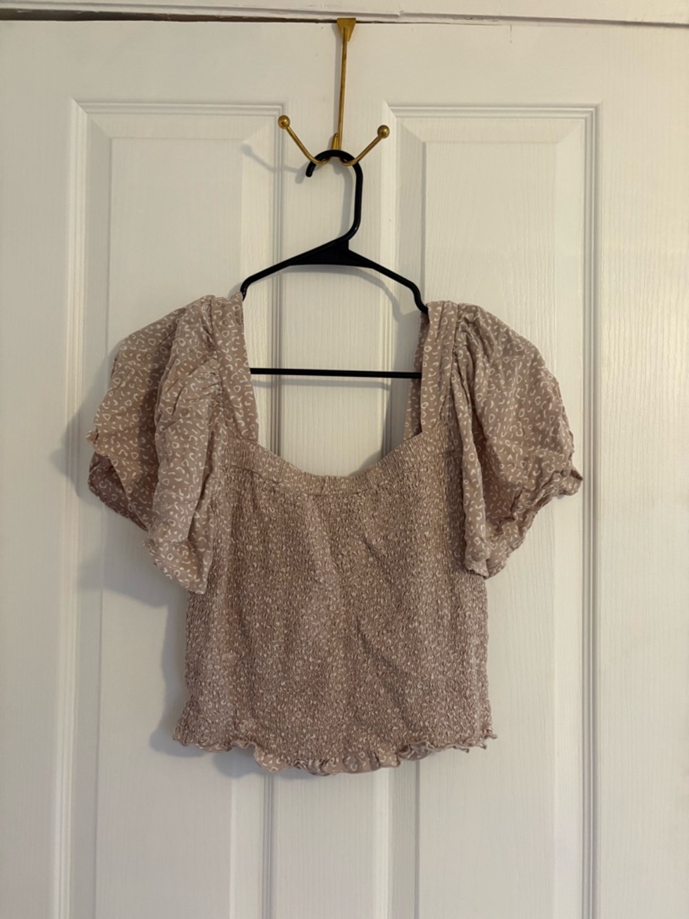 J. Crew Taupe Smocked Puff-Sleeve Crop Top